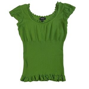 bebe Green Ribbed Knit Top Large Cap Sleeve Ruffle Hem Y2K Made USA